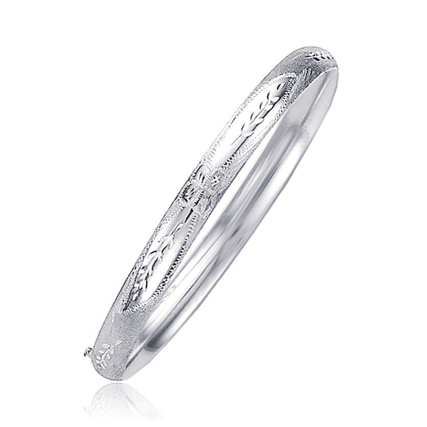 Classic Floral Carved Bangle in 14k White Gold (5.00 mm) - Image 1