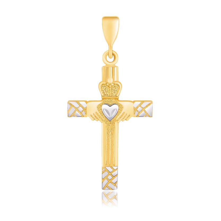 14k Two-Tone Gold Cross Pendant with a Claddagh Motif - Image 1