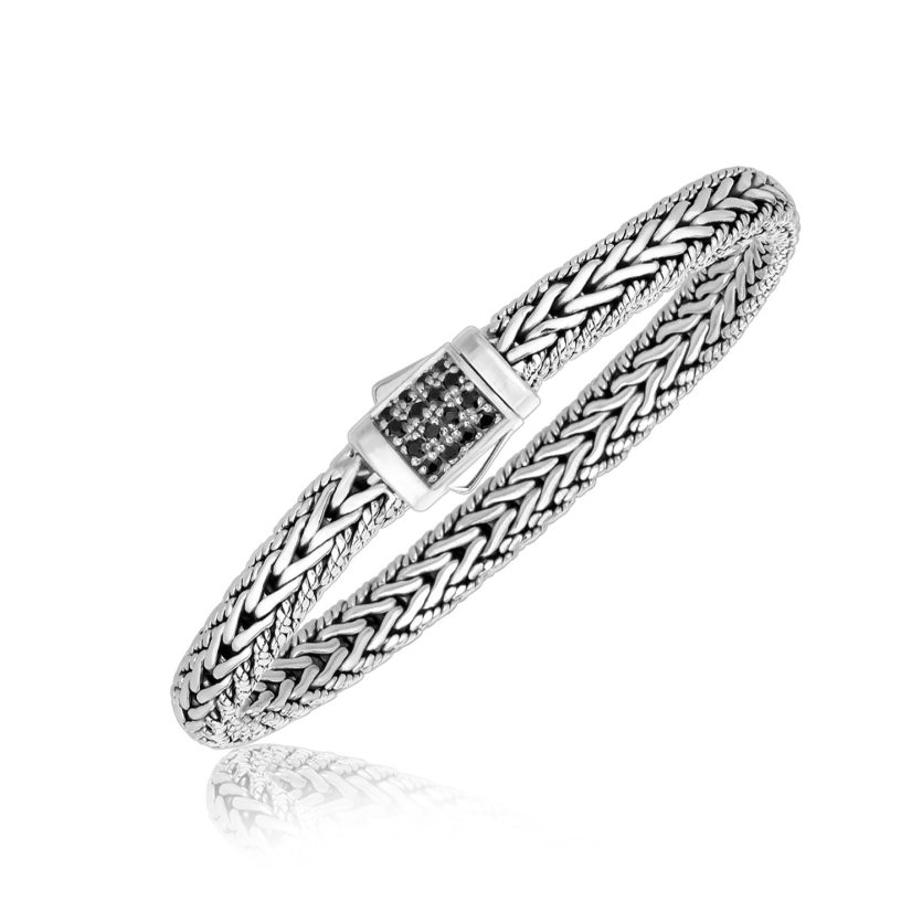 Sterling Silver Braided Style Mens Bracelet with Black Sapphire Accents(1.70 mm) - Image 1