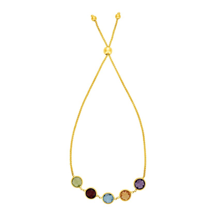 Adjustable Bracelet with Multicolored Round Gemstones in 14k Yellow Gold(1.00mm) - Image 1