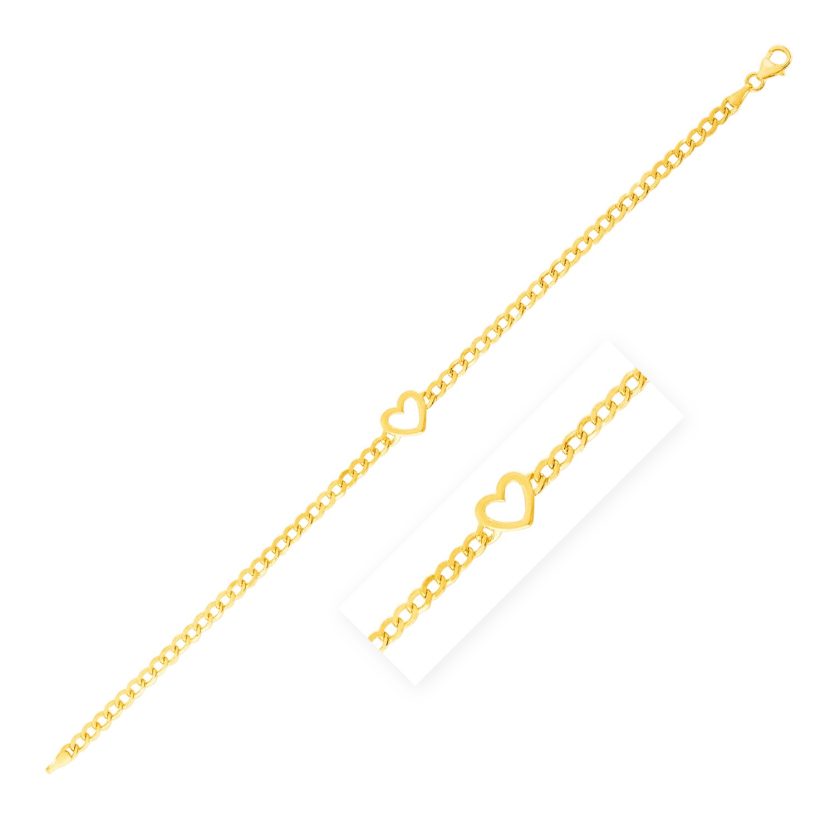 14k Yellow Gold 7 inch Curb Chain Bracelet with Heart (3.40 mm) - Image 1
