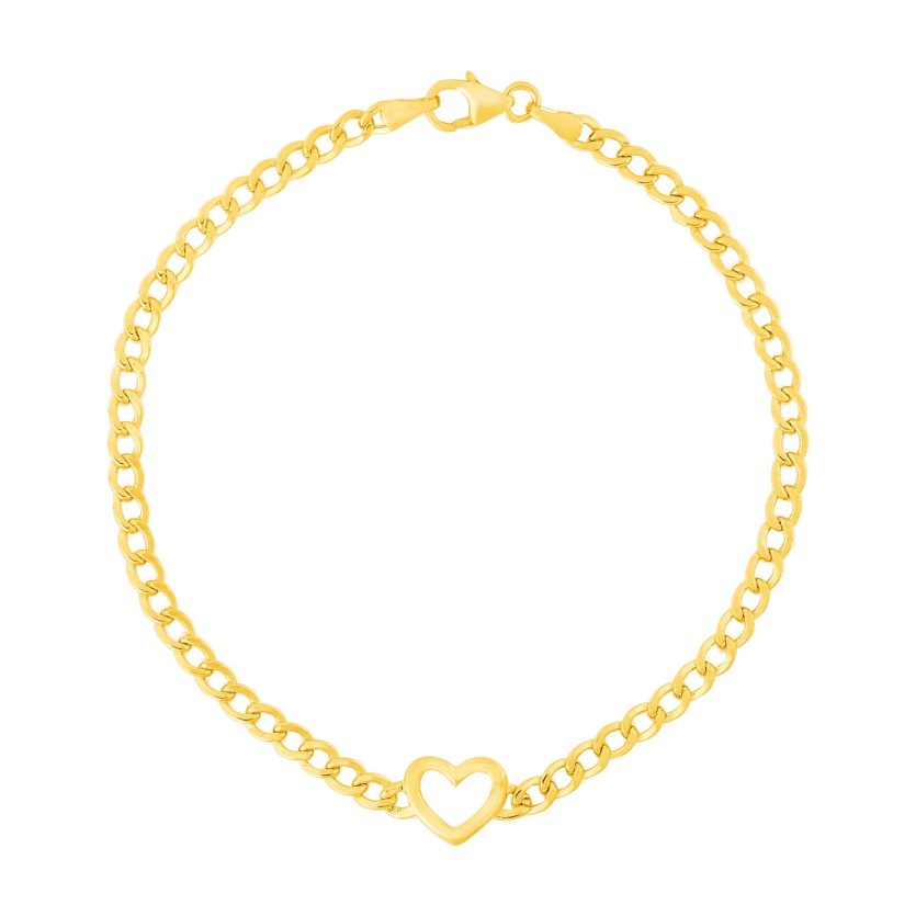 14k Yellow Gold 7 inch Curb Chain Bracelet with Heart (3.40 mm) - Image 2