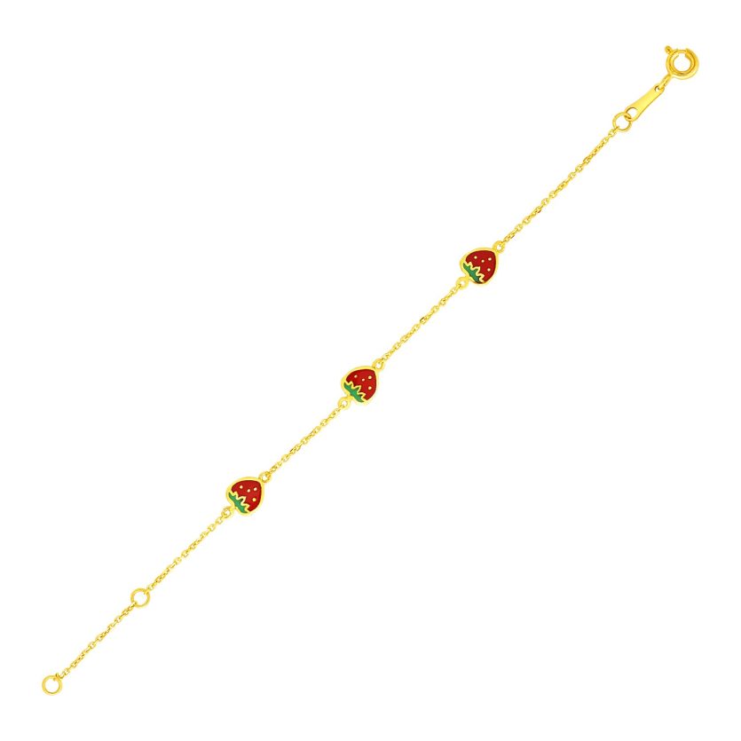 14k Yellow Gold Childrens Bracelet with Enameled Strawberries(1.00 mm) - Image 1