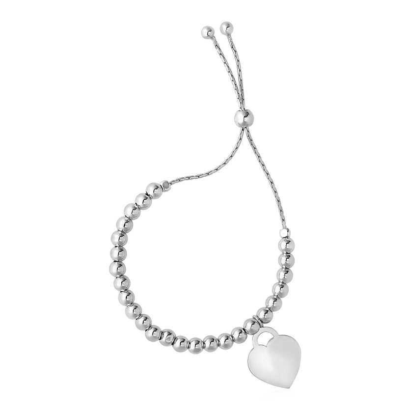 Adjustable Shiny Bead Bracelet with Heart Charm in Sterling Silver (1.30 mm) - Image 1