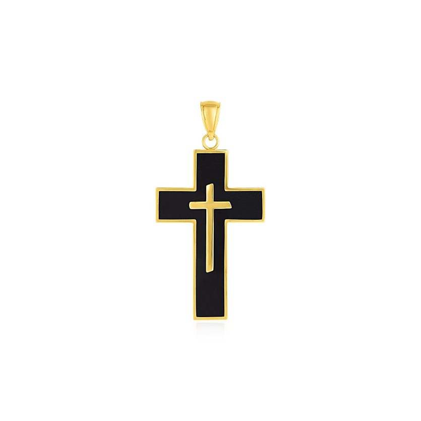 Cross Pendant with Black Enamel in 14k Yellow Gold - Image 1