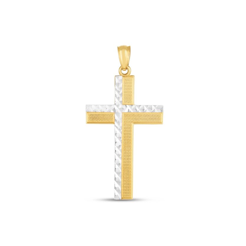 14k Two Tone Gold High Polish Diamond Cut Cross Pendant - Image 1