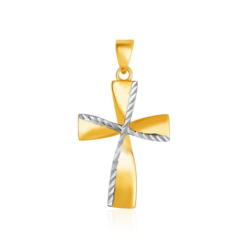 14k Two-Toned Yellow and White Gold Textured Cross Pendant - Image 1