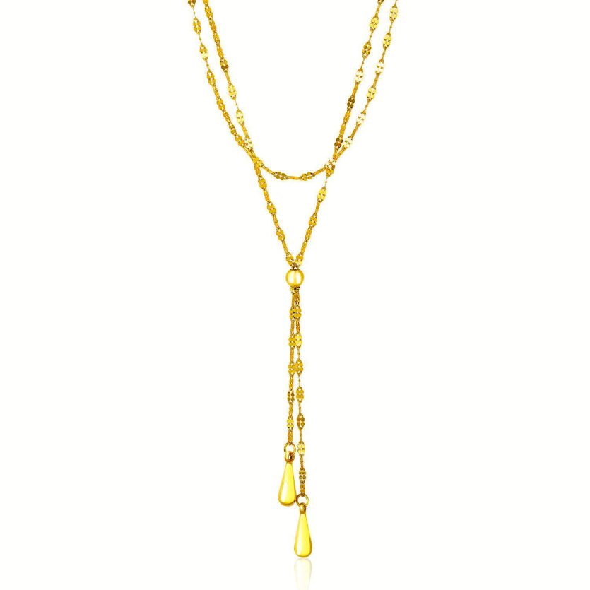 14k Yellow Gold Double Strand Chain with Puffed Heart Lariat Necklace - Image 1